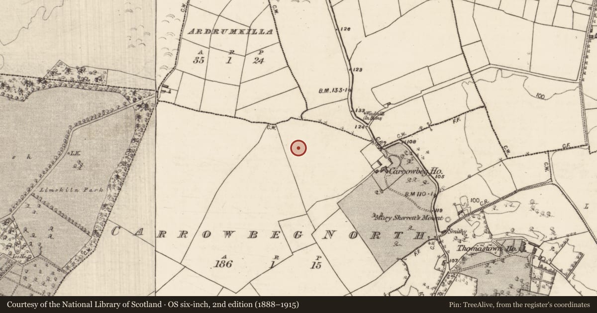 Ordnance Survey six-inch map, 2nd edition (1888–1915) covering the location of Burial, Carrowbeg North, County Galway, with a pin at the register's coordinates