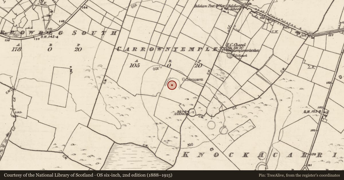 Ordnance Survey six-inch map, 2nd edition (1888–1915) covering the location of Ringfort - rath, Carrowntemple, County Galway, with a pin at the register's coordinates