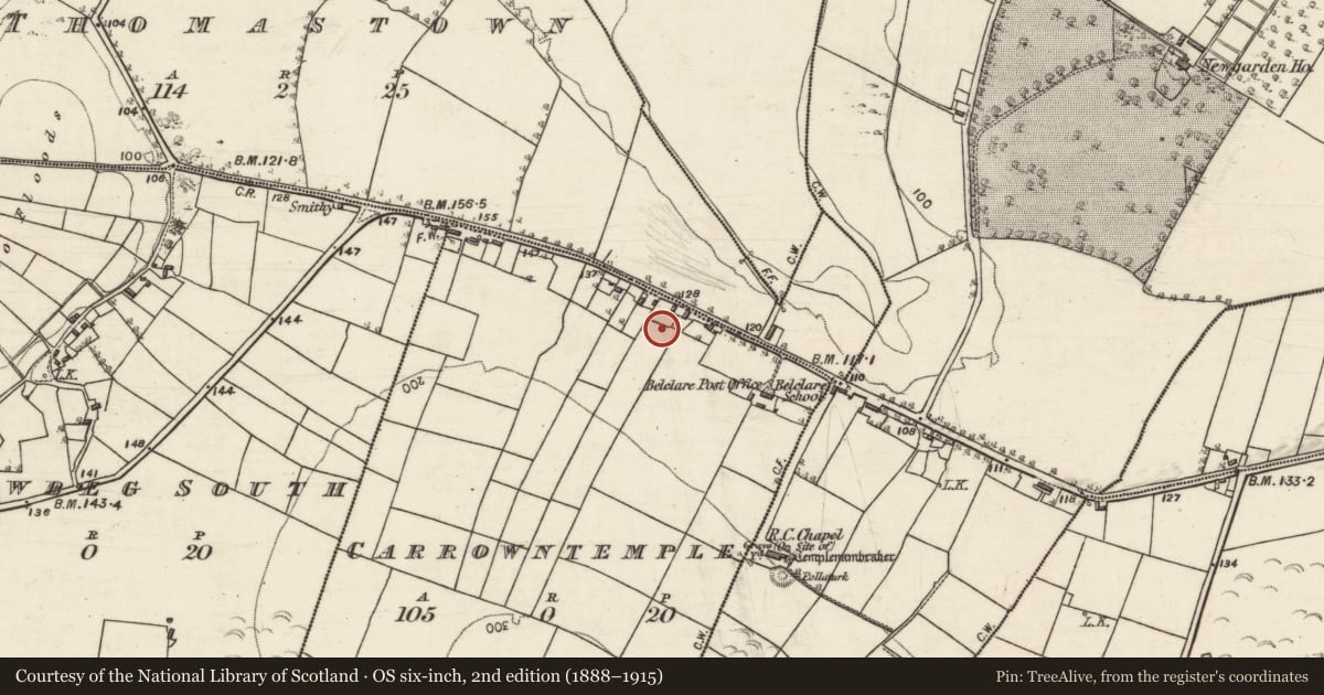 Ordnance Survey six-inch map, 2nd edition (1888–1915) covering the location of Church, Carrowntemple, County Galway, with a pin at the register's coordinates