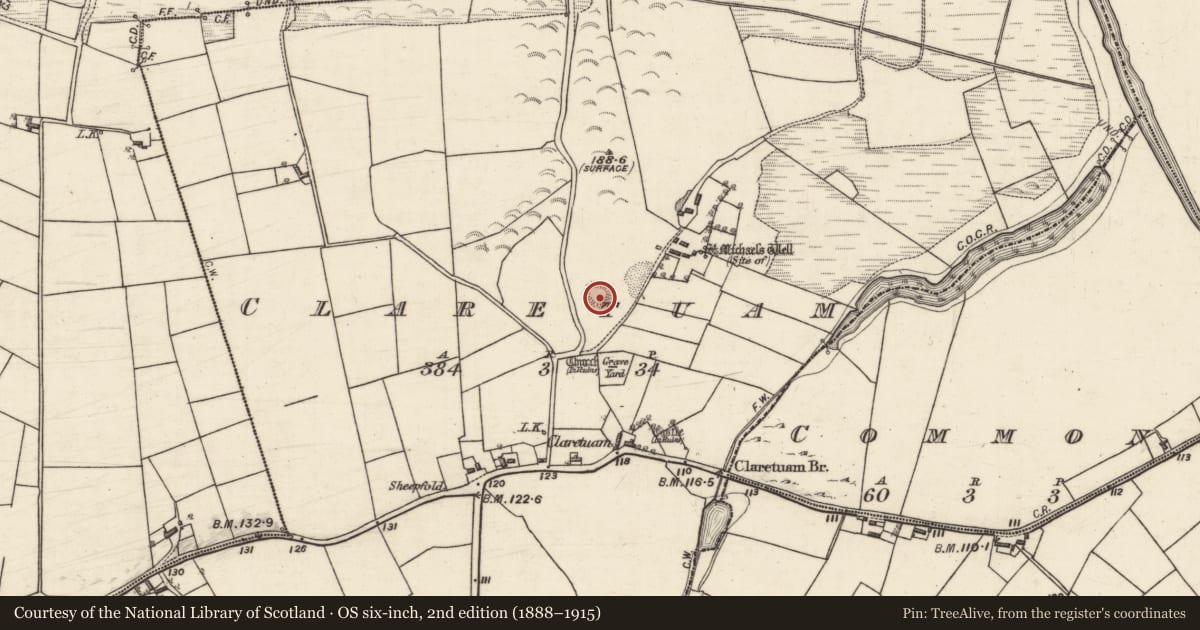 Ordnance Survey six-inch map, 2nd edition (1888–1915) covering the location of Castle - motte, Claretuam, County Galway, with a pin at the register's coordinates