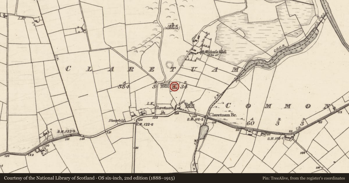 Ordnance Survey six-inch map, 2nd edition (1888–1915) covering the location of Church, Claretuam, County Galway, with a pin at the register's coordinates