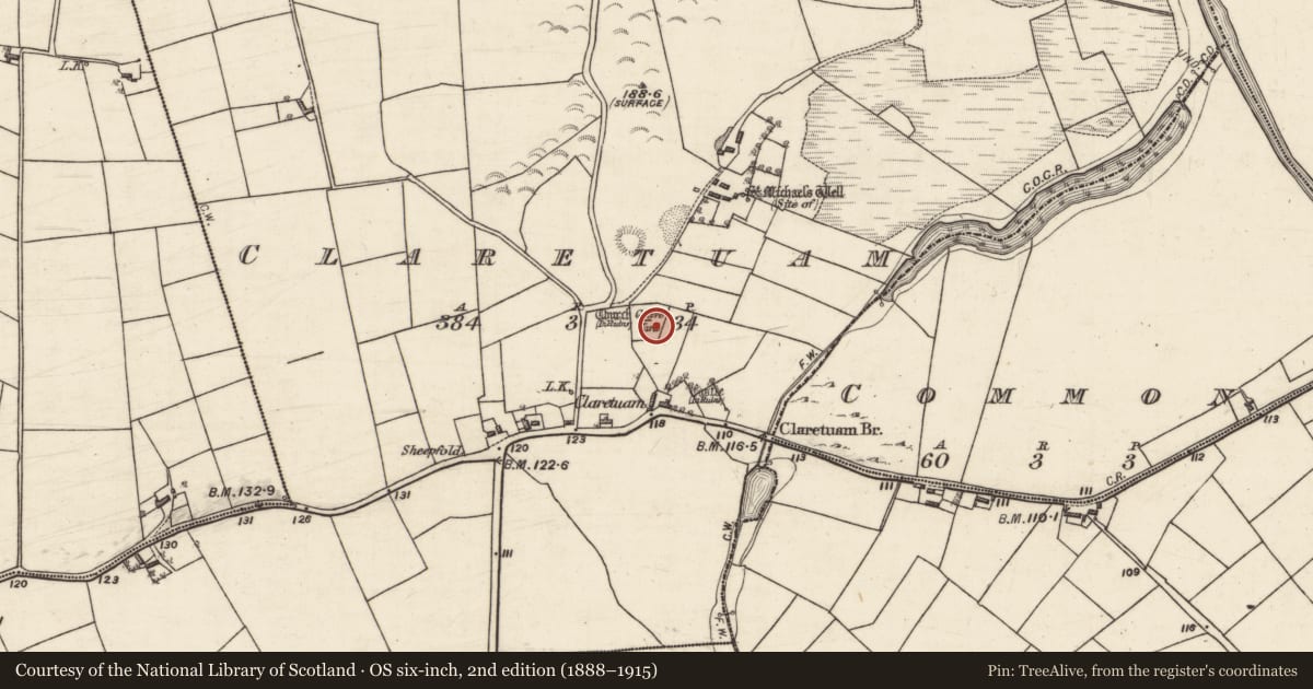 Ordnance Survey six-inch map, 2nd edition (1888–1915) covering the location of Graveyard, Claretuam, County Galway, with a pin at the register's coordinates