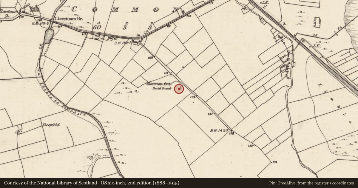 Ordnance Survey six-inch map, 2nd edition (1888–1915) covering the location of Children's burial ground, Cloonmore, County Galway, with a pin at the register's coordinates