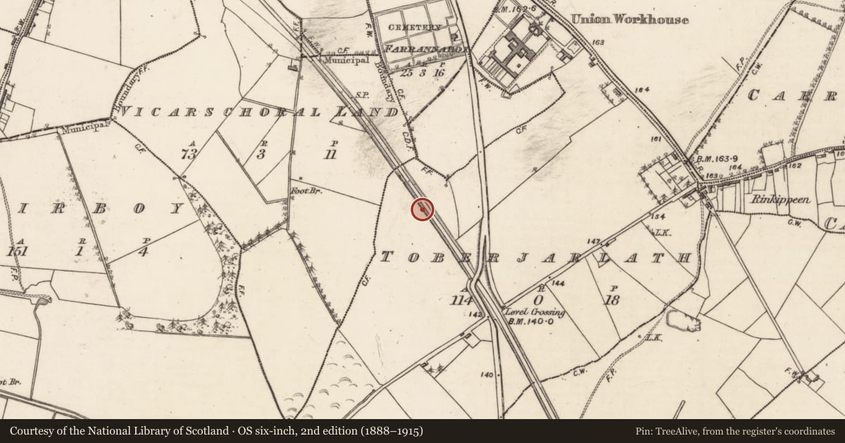 Ordnance Survey six-inch map, 2nd edition (1888–1915) covering the location of Ecclesiastical enclosure, County Galway, with a pin at the register's coordinates