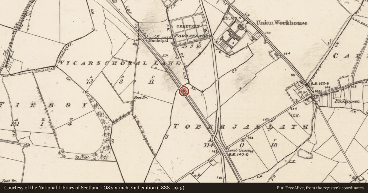 Ordnance Survey six-inch map, 2nd edition (1888–1915) covering the location of Ritual site - holy well, Toberjarlath, County Galway, with a pin at the register's coordinates