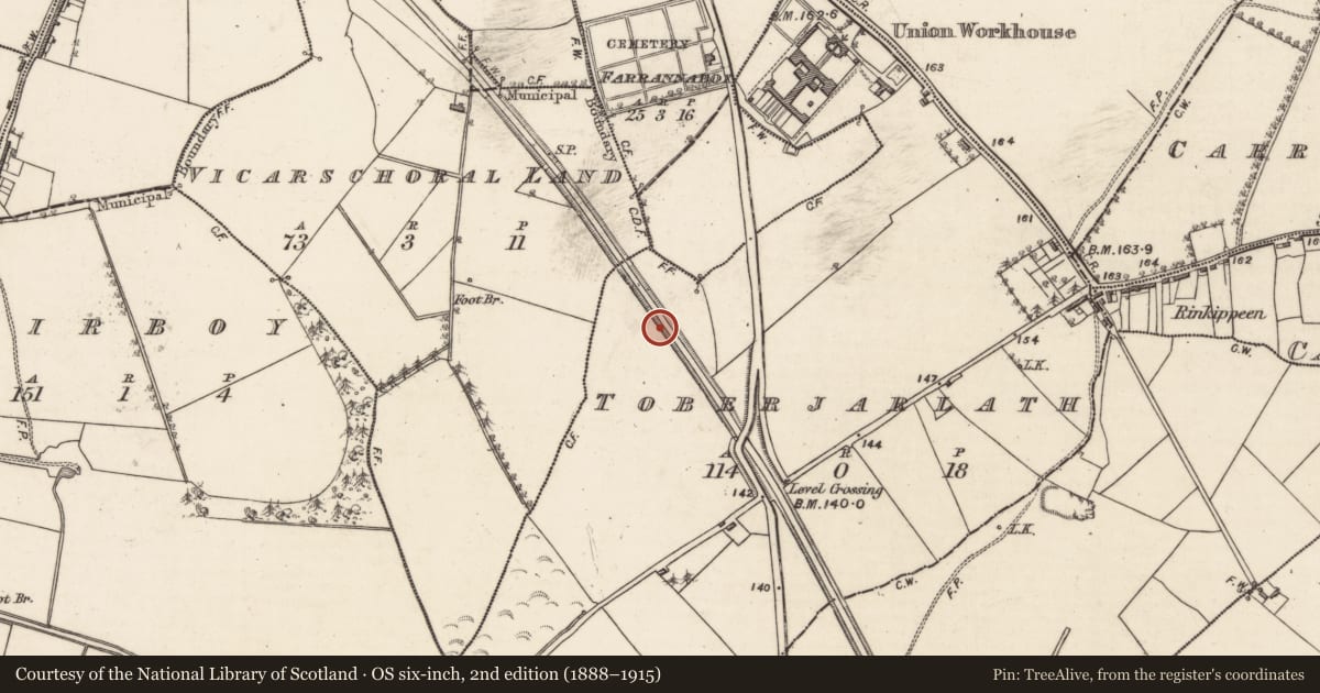 Ordnance Survey six-inch map, 2nd edition (1888–1915) covering the location of Church, Toberjarlath, County Galway, with a pin at the register's coordinates