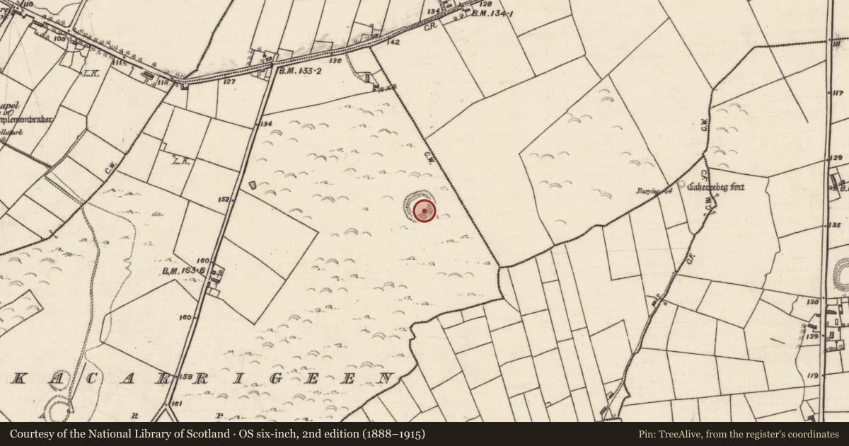Ordnance Survey six-inch map, 2nd edition (1888–1915) covering the location of Ringfort - rath, Knockacarrigeen, County Galway, with a pin at the register's coordinates