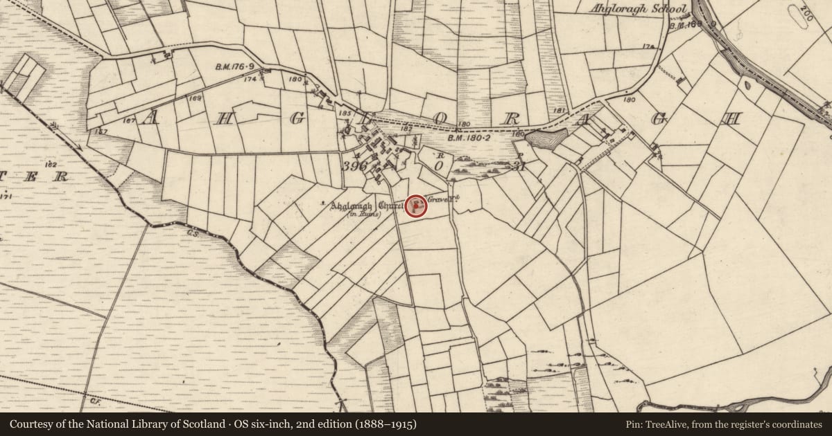 Ordnance Survey six-inch map, 2nd edition (1888–1915) covering the location of Church, Ahgloragh, County Galway, with a pin at the register's coordinates