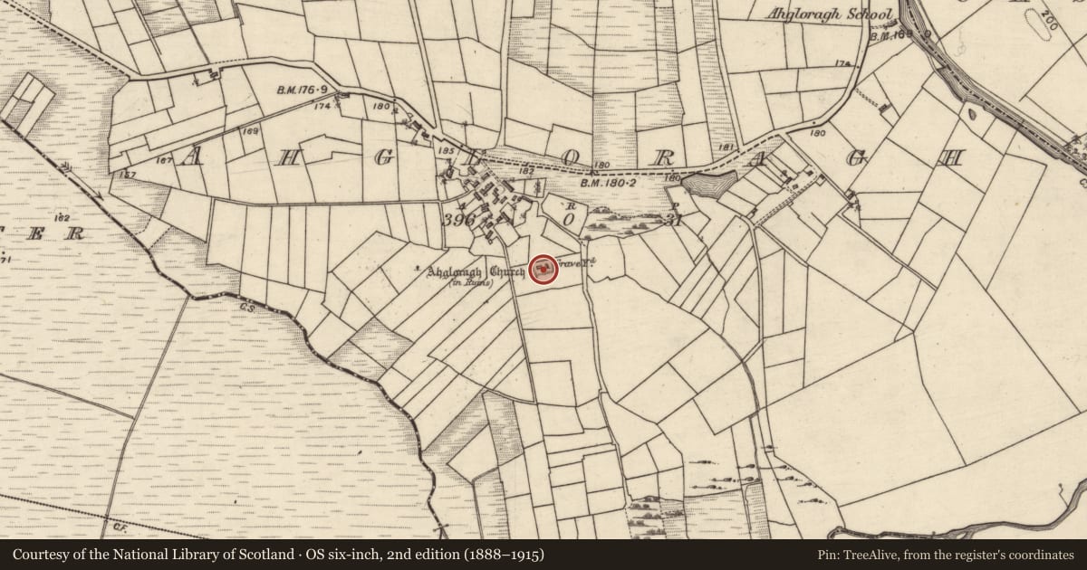 Ordnance Survey six-inch map, 2nd edition (1888–1915) covering the location of Enclosure, Ahgloragh, County Galway, with a pin at the register's coordinates