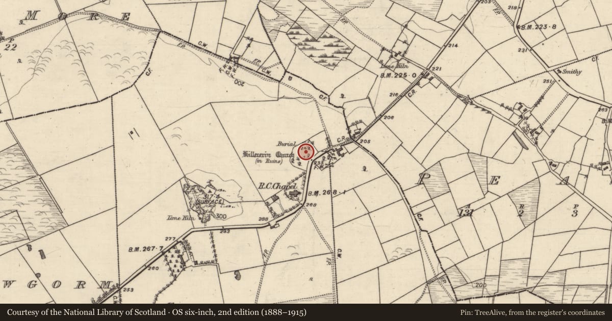 Ordnance Survey six-inch map, 2nd edition (1888–1915) covering the location of Church, Carrowmanagh, County Galway, with a pin at the register's coordinates