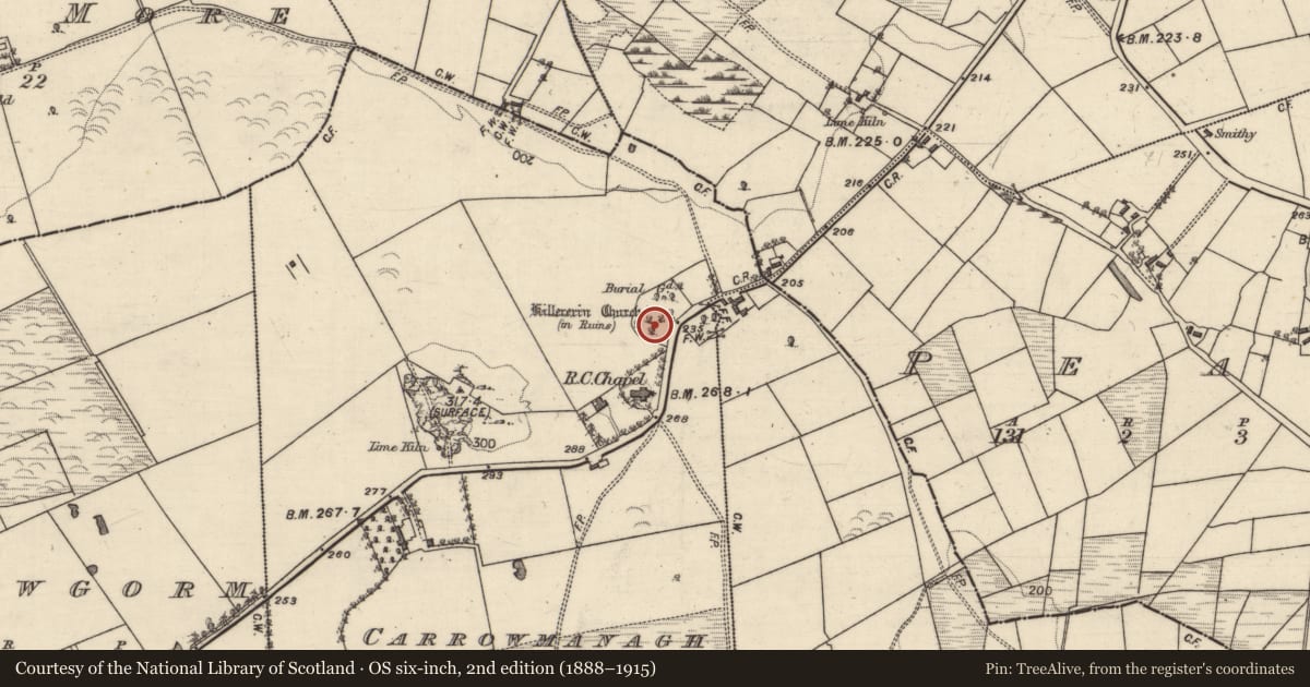Ordnance Survey six-inch map, 2nd edition (1888–1915) covering the location of Graveyard, Carrowmanagh, County Galway, with a pin at the register's coordinates