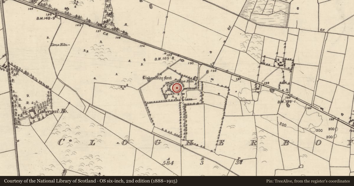 Ordnance Survey six-inch map, 2nd edition (1888–1915) covering the location of Ringfort - rath, Clogherboy, County Galway, with a pin at the register's coordinates