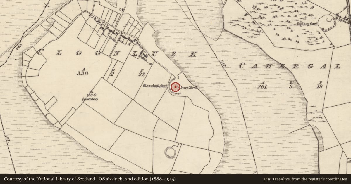 Ordnance Survey six-inch map, 2nd edition (1888–1915) covering the location of Ecclesiastical enclosure, Cloonlusk, County Galway, with a pin at the register's coordinates