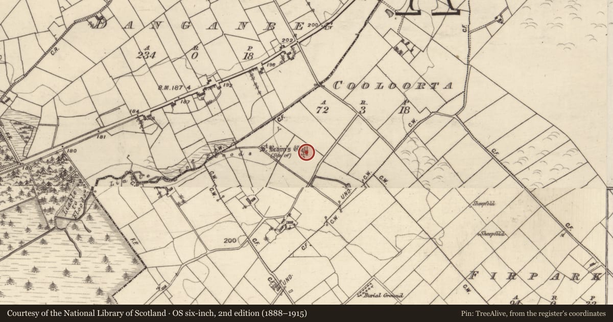 Ordnance Survey six-inch map, 2nd edition (1888–1915) covering the location of Ritual site - holy well, Cooloorta, County Galway, with a pin at the register's coordinates