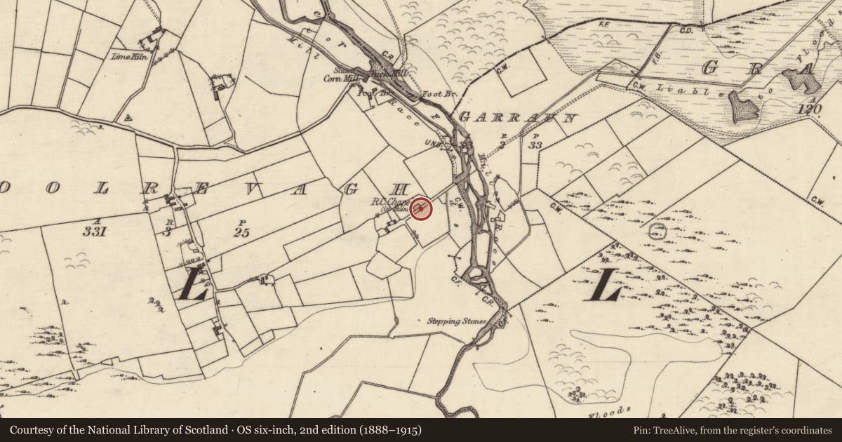 Ordnance Survey six-inch map, 2nd edition (1888–1915) covering the location of Church, Coolrevagh, County Galway, with a pin at the register's coordinates