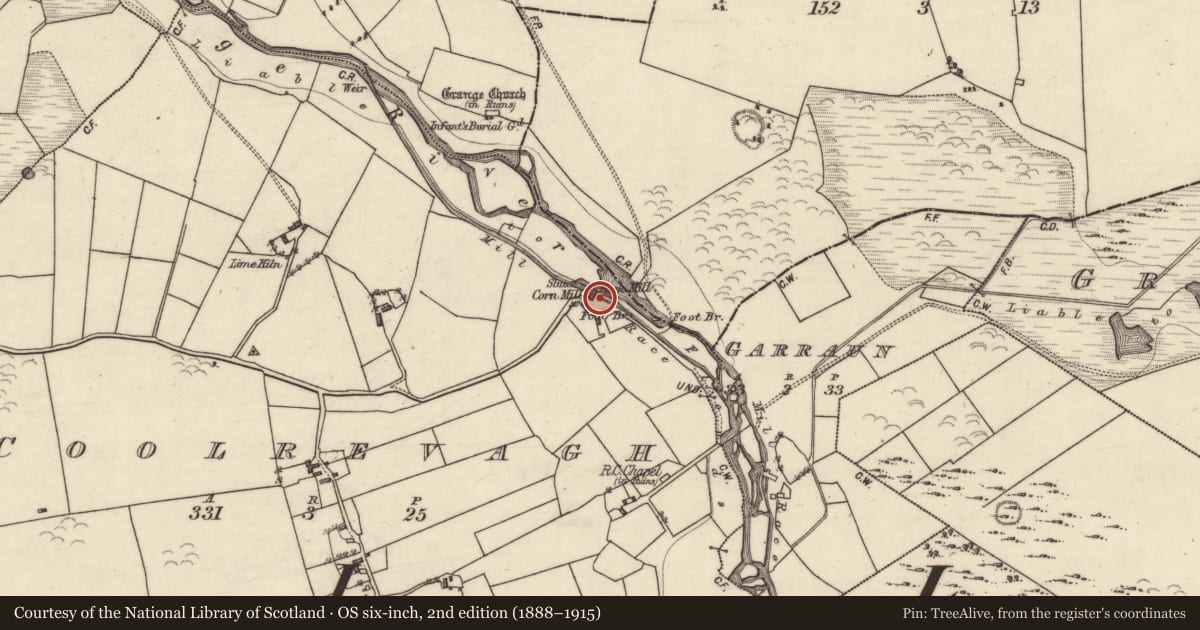 Ordnance Survey six-inch map, 2nd edition (1888–1915) covering the location of Mill - corn, Coolrevagh, County Galway, with a pin at the register's coordinates