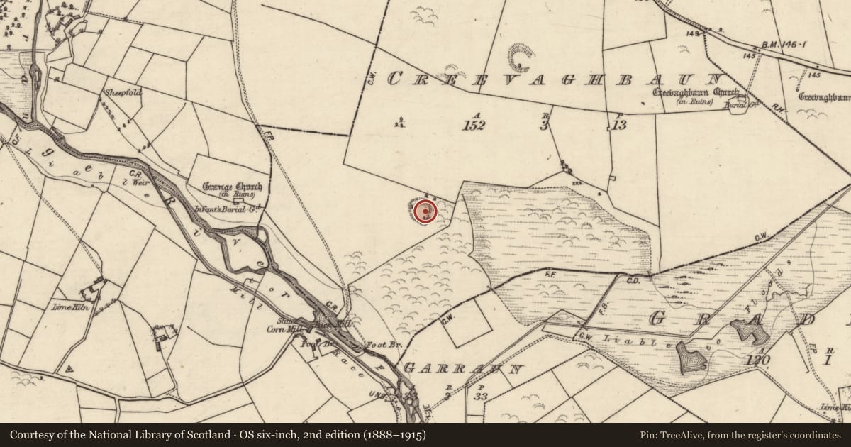 Ordnance Survey six-inch map, 2nd edition (1888–1915) covering the location of Ringfort - rath, Creevaghbaun, County Galway, with a pin at the register's coordinates