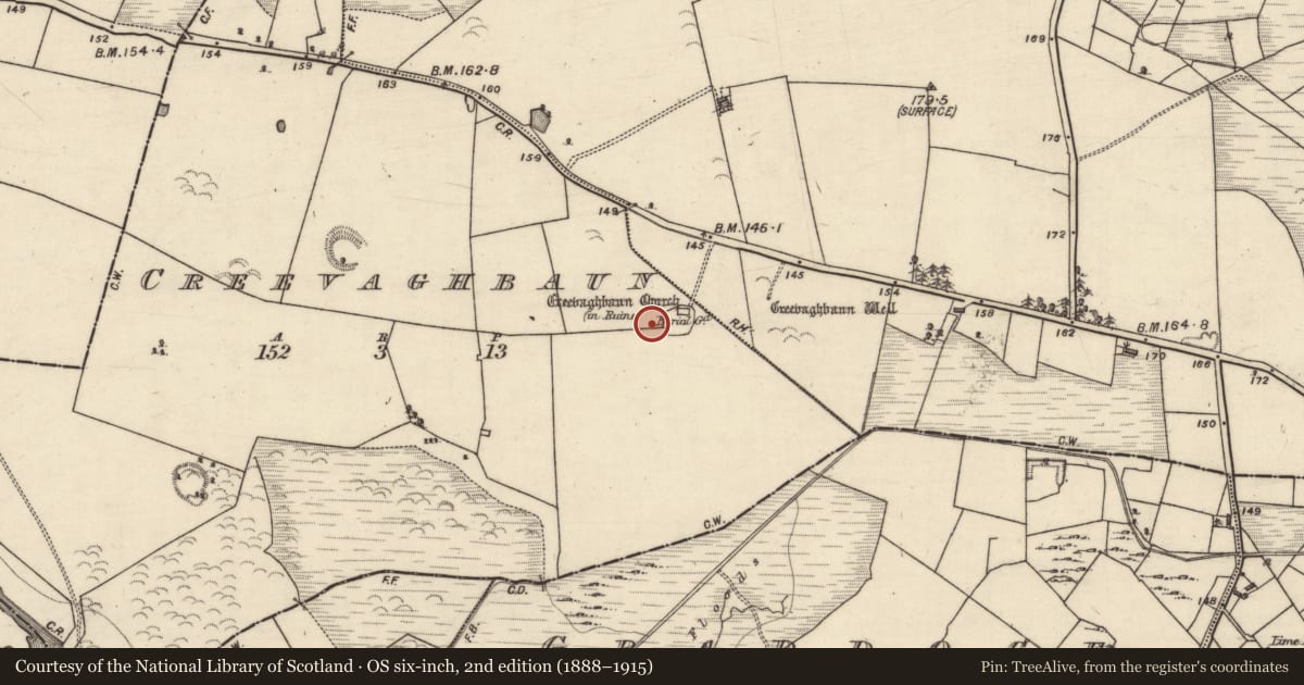 Ordnance Survey six-inch map, 2nd edition (1888–1915) covering the location of Ecclesiastical enclosure, Creevaghbaun, County Galway, with a pin at the register's coordinates