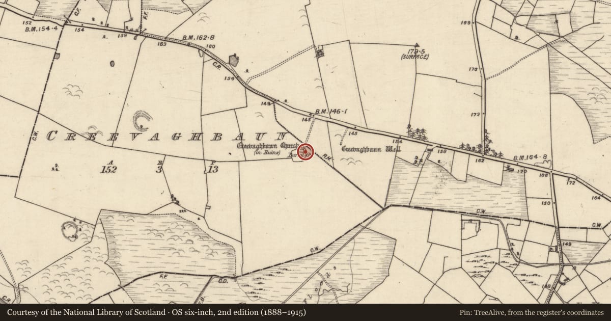 Ordnance Survey six-inch map, 2nd edition (1888–1915) covering the location of Church, Creevaghbaun, County Galway, with a pin at the register's coordinates