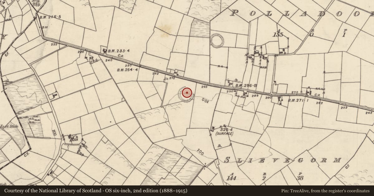 Ordnance Survey six-inch map, 2nd edition (1888–1915) covering the location of Ringfort - rath, Dangan Oughter, County Galway, with a pin at the register's coordinates