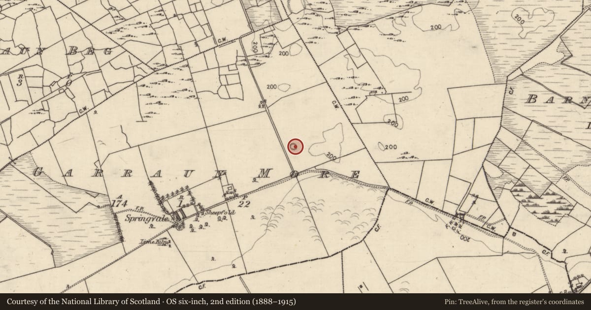 Ordnance Survey six-inch map, 2nd edition (1888–1915) covering the location of Barrow - ring-barrow, Garraun More, County Galway, with a pin at the register's coordinates