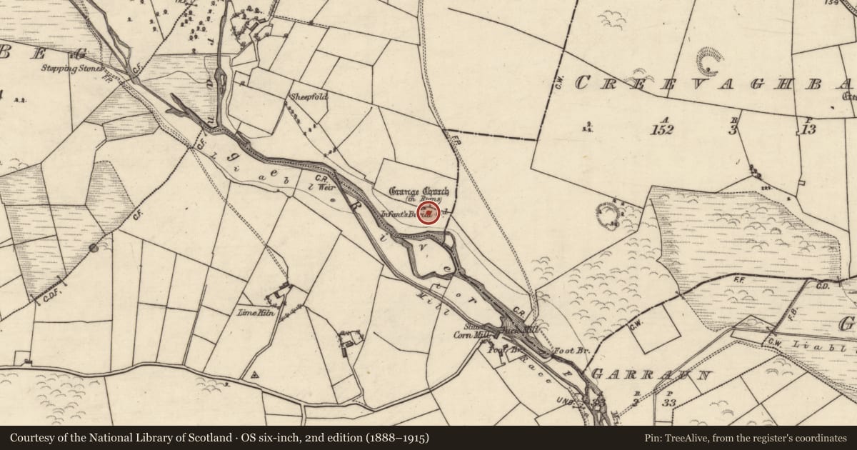 Ordnance Survey six-inch map, 2nd edition (1888–1915) covering the location of Children's burial ground, Grange, County Galway, with a pin at the register's coordinates