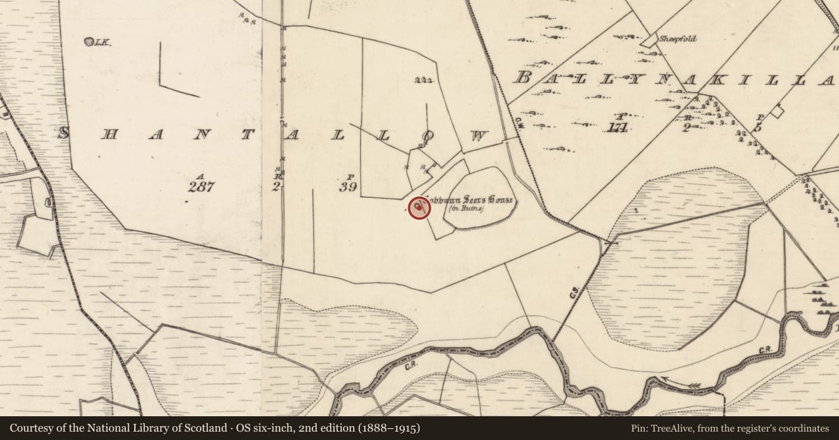 Ordnance Survey six-inch map, 2nd edition (1888–1915) covering the location of Building, Shantallow, County Galway, with a pin at the register's coordinates