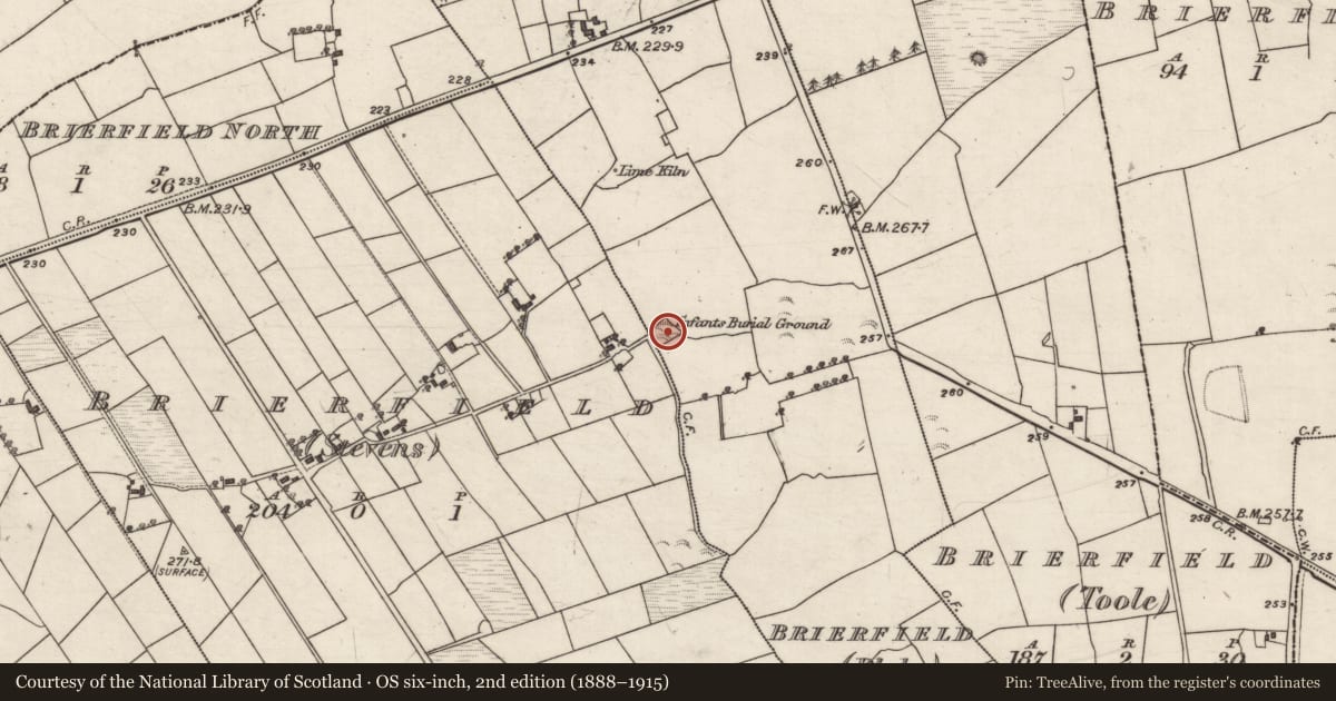Ordnance Survey six-inch map, 2nd edition (1888–1915) covering the location of Children's burial ground, Brierfield (Blake), County Galway, with a pin at the register's coordinates
