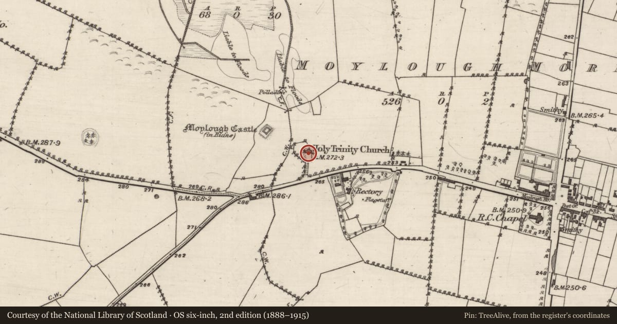 Ordnance Survey six-inch map, 2nd edition (1888–1915) covering the location of Church, Moylough More, County Galway, with a pin at the register's coordinates