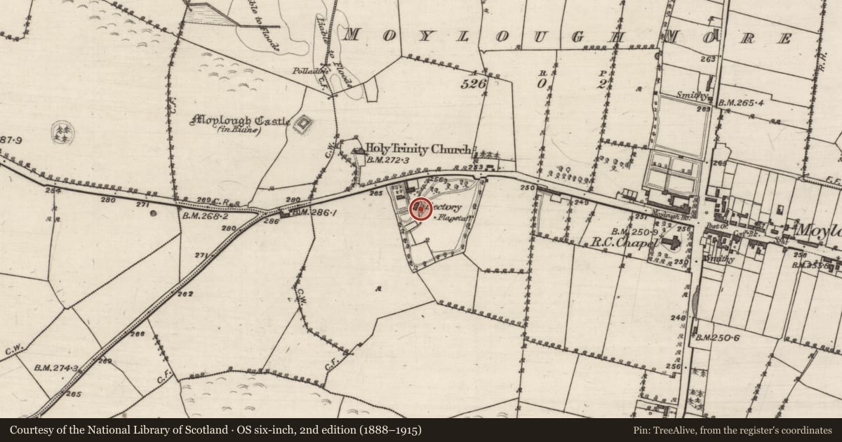 Ordnance Survey six-inch map, 2nd edition (1888–1915) covering the location of House - 18th/19th century, Moylough More, County Galway, with a pin at the register's coordinates