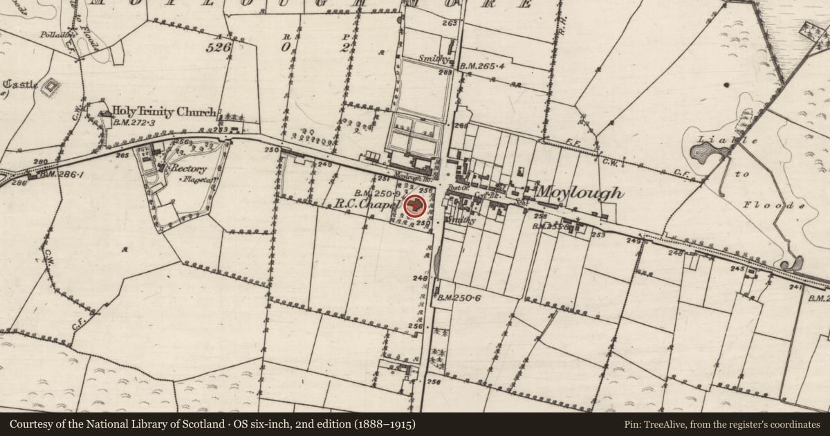 Ordnance Survey six-inch map, 2nd edition (1888–1915) covering the location of Church, Moylough More, County Galway, with a pin at the register's coordinates