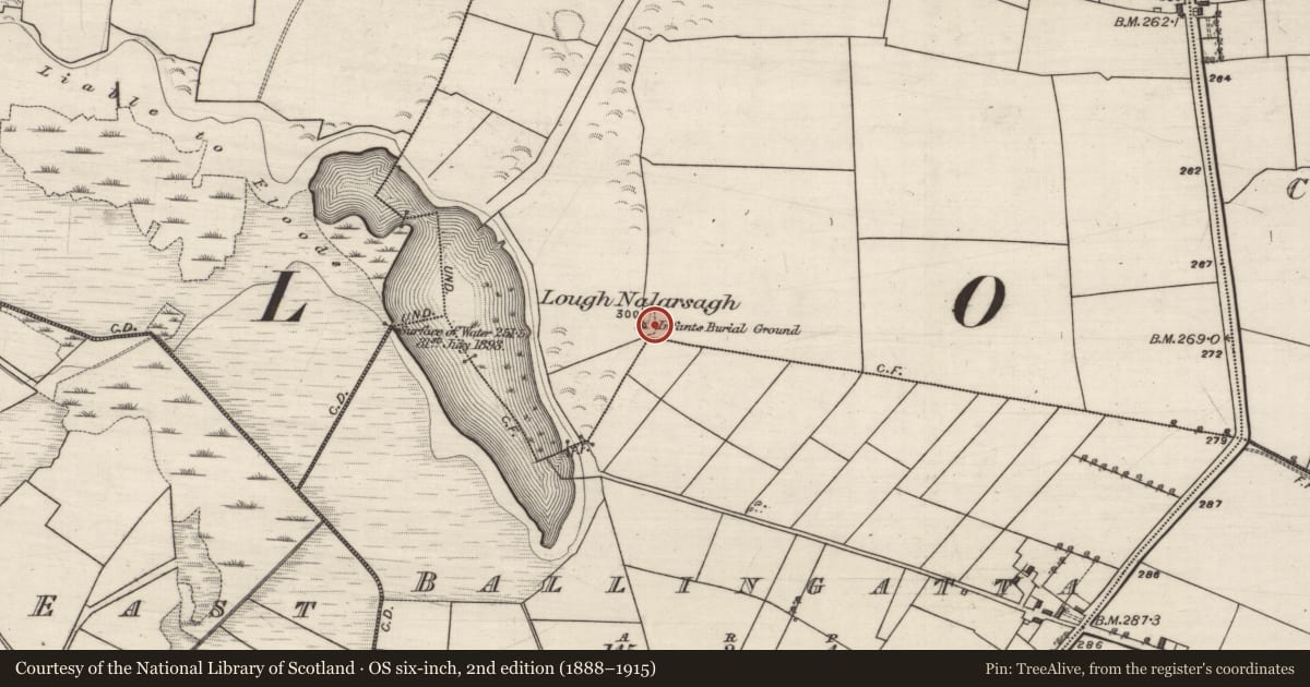Ordnance Survey six-inch map, 2nd edition (1888–1915) covering the location of Children's burial ground, Patch, County Galway, with a pin at the register's coordinates
