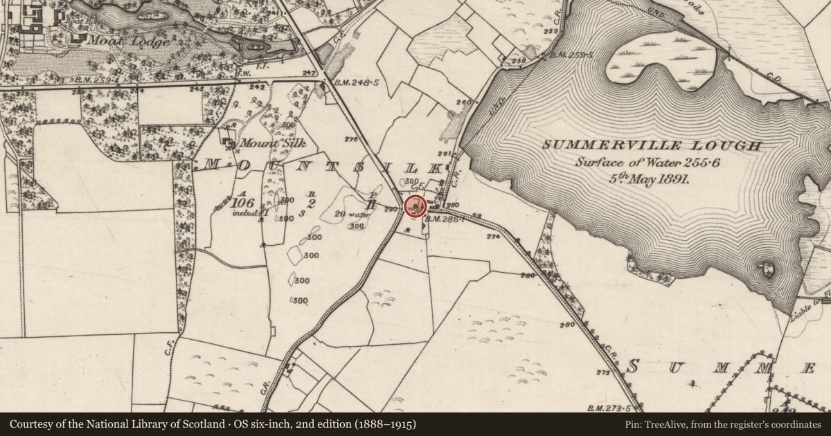 Ordnance Survey six-inch map, 2nd edition (1888–1915) covering the location of Leacht cuimhne, Summerville, County Galway, with a pin at the register's coordinates