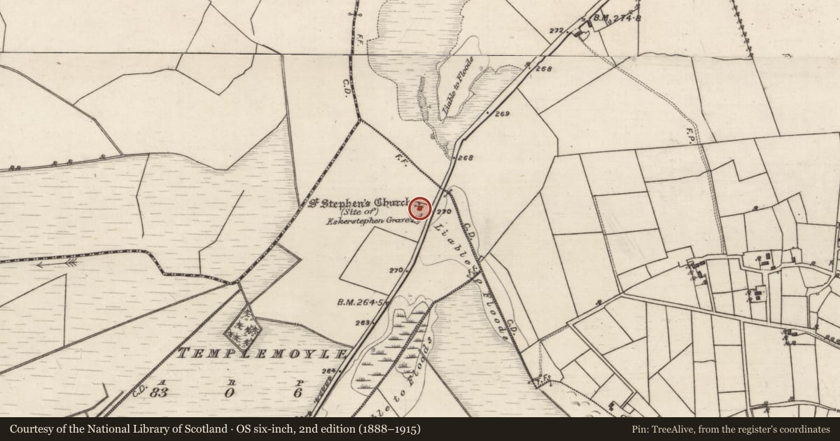Ordnance Survey six-inch map, 2nd edition (1888–1915) covering the location of Church, Templemoyle, County Galway, with a pin at the register's coordinates