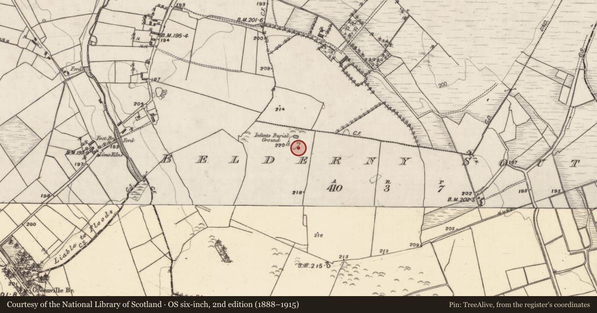Ordnance Survey six-inch map, 2nd edition (1888–1915) covering the location of Children's burial ground, Belderny South, County Galway, with a pin at the register's coordinates