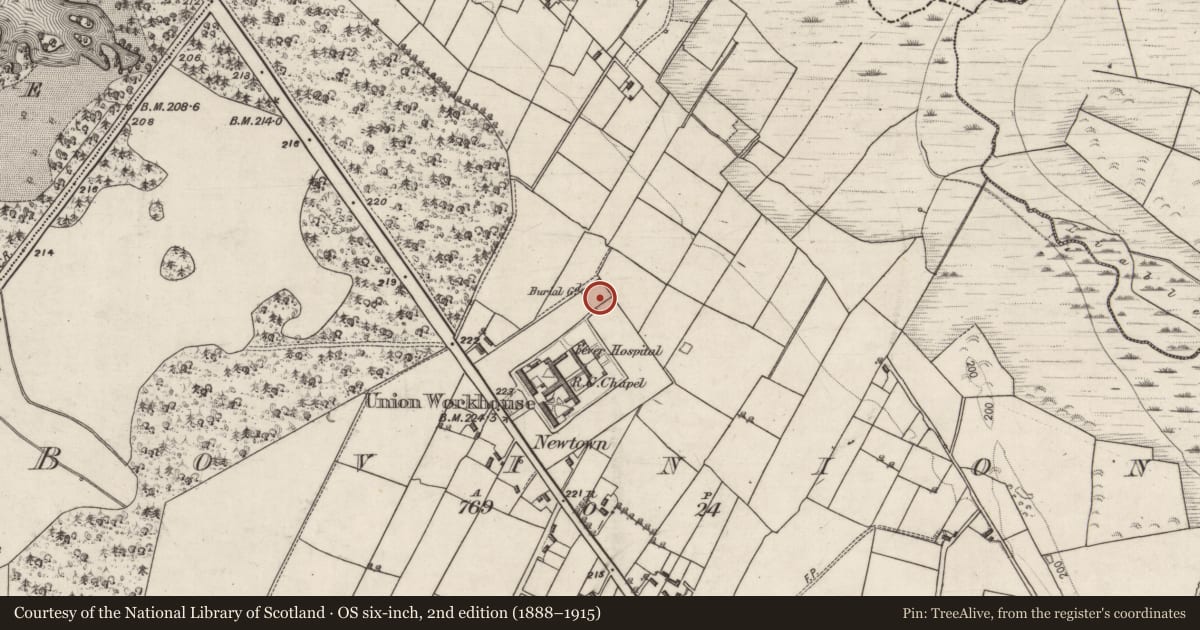 Ordnance Survey six-inch map, 2nd edition (1888–1915) covering the location of Graveyard, Bovinion, County Galway, with a pin at the register's coordinates