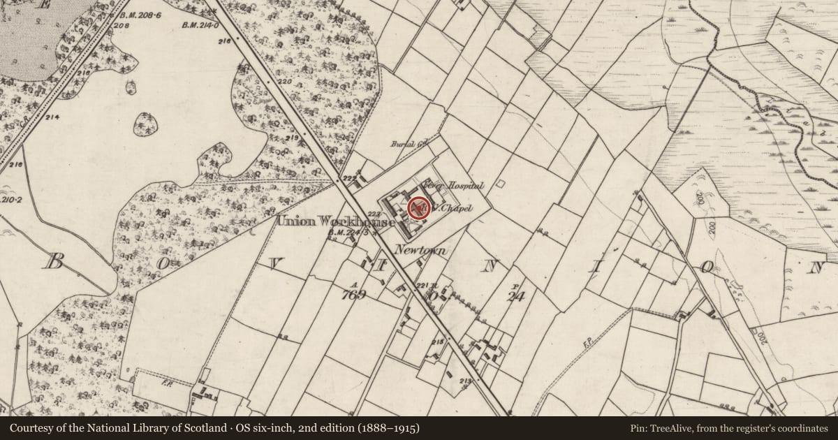 Ordnance Survey six-inch map, 2nd edition (1888–1915) covering the location of Workhouse, Bovinion, County Galway, with a pin at the register's coordinates