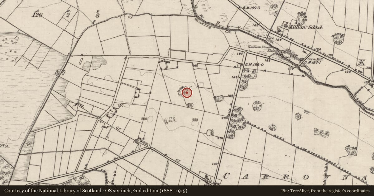 Ordnance Survey six-inch map, 2nd edition (1888–1915) covering the location of Designed landscape feature, Carrownafreevy, County Galway, with a pin at the register's coordinates