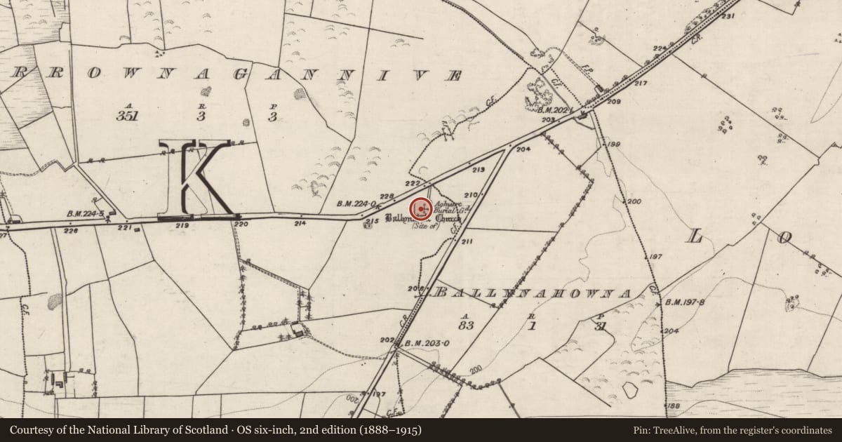 Ordnance Survey six-inch map, 2nd edition (1888–1915) covering the location of Church, Carrownagannive, County Galway, with a pin at the register's coordinates