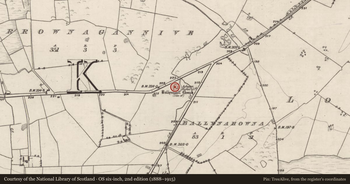Ordnance Survey six-inch map, 2nd edition (1888–1915) covering the location of Graveyard, Carrownagannive, County Galway, with a pin at the register's coordinates