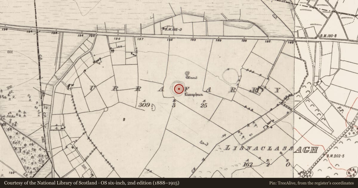 Ordnance Survey six-inch map, 2nd edition (1888–1915) covering the location of Souterrain, Currafarry, County Galway, with a pin at the register's coordinates