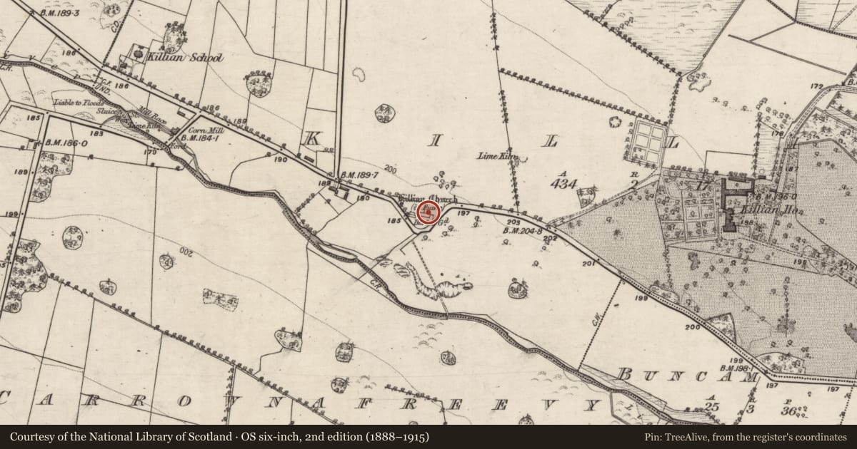 Ordnance Survey six-inch map, 2nd edition (1888–1915) covering the location of Church, Killian, County Galway, with a pin at the register's coordinates