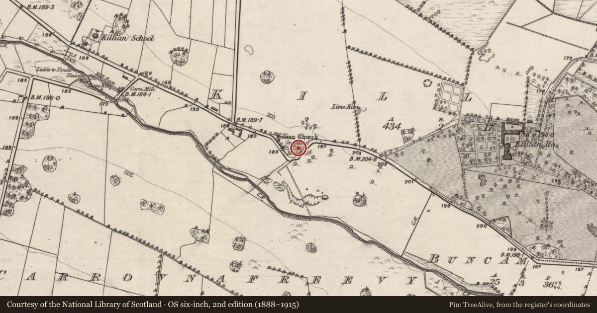 Ordnance Survey six-inch map, 2nd edition (1888–1915) covering the location of Graveyard, Killian, County Galway, with a pin at the register's coordinates
