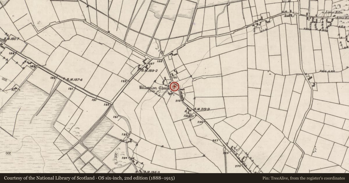 Ordnance Survey six-inch map, 2nd edition (1888–1915) covering the location of Church, Killosolan, County Galway, with a pin at the register's coordinates
