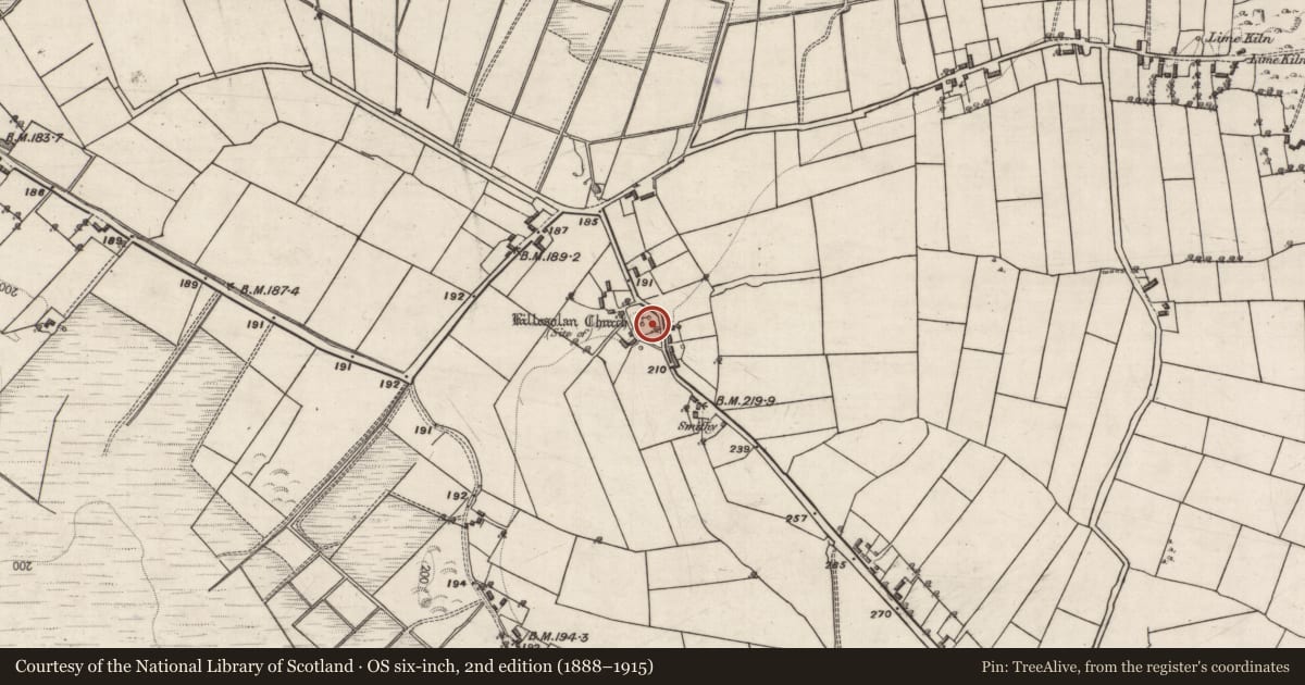 Ordnance Survey six-inch map, 2nd edition (1888–1915) covering the location of Graveyard, Killosolan, County Galway, with a pin at the register's coordinates