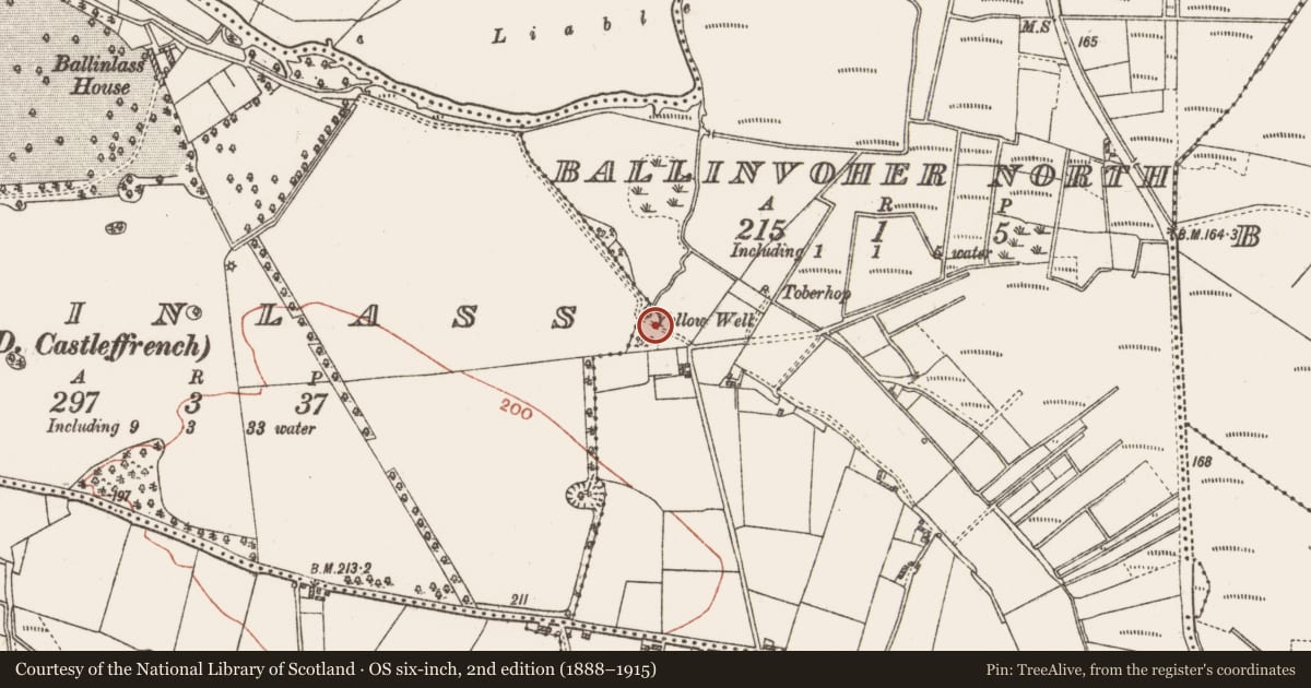 Ordnance Survey six-inch map, 2nd edition (1888–1915) covering the location of Ritual site - holy well, Ballinvoher North, County Galway, with a pin at the register's coordinates