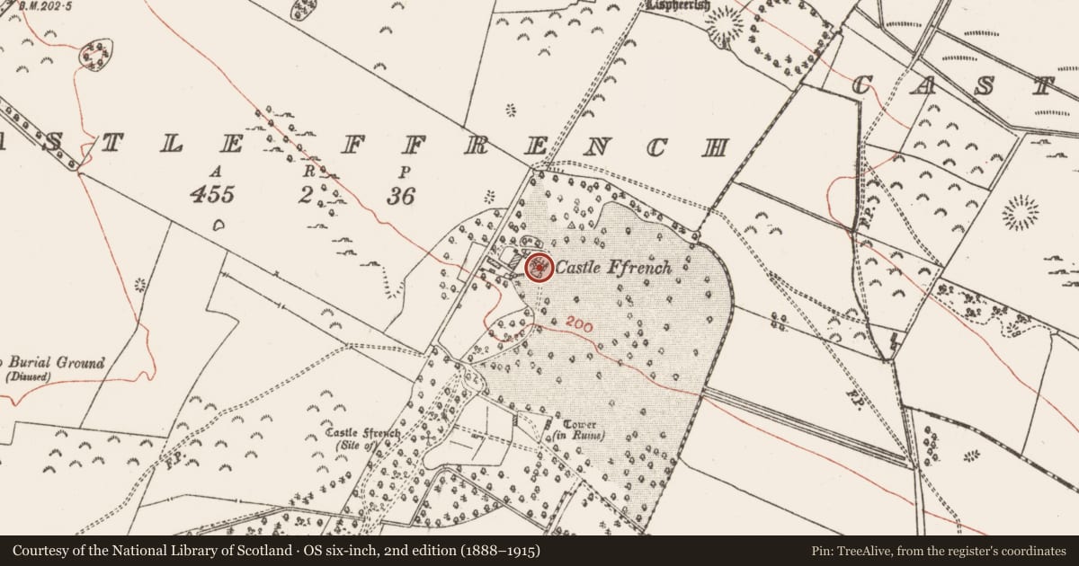 Ordnance Survey six-inch map, 2nd edition (1888–1915) covering the location of Country house, Castle Ffrench, County Galway, with a pin at the register's coordinates