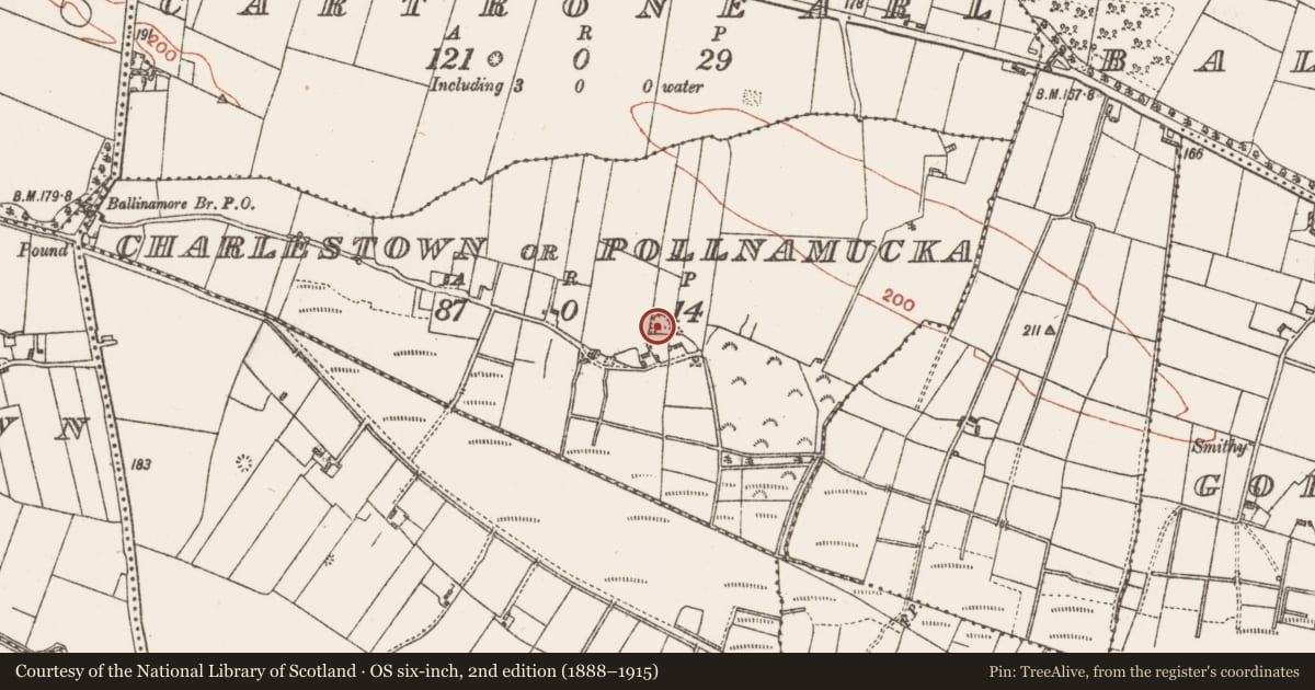 Ordnance Survey six-inch map, 2nd edition (1888–1915) covering the location of Quarry, Charlestown Or Pollnamucka, County Galway, with a pin at the register's coordinates