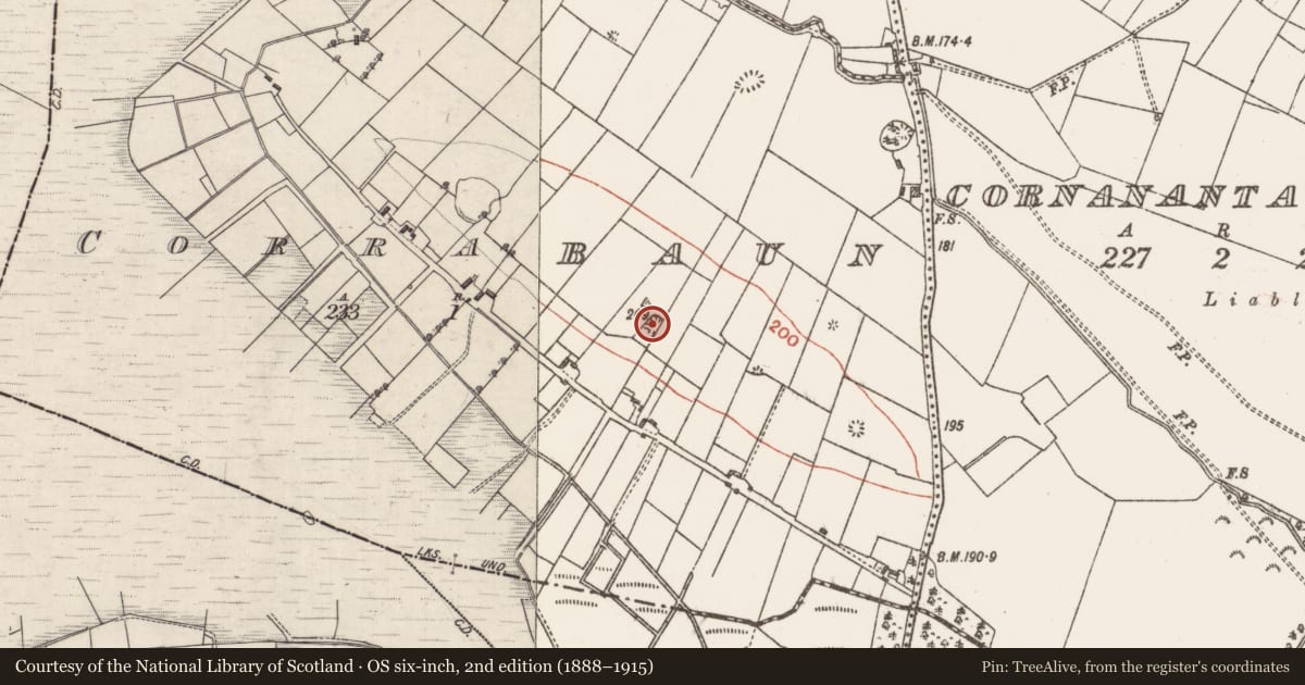 Ordnance Survey six-inch map, 2nd edition (1888–1915) covering the location of Quarry, Corrabaun, County Galway, with a pin at the register's coordinates