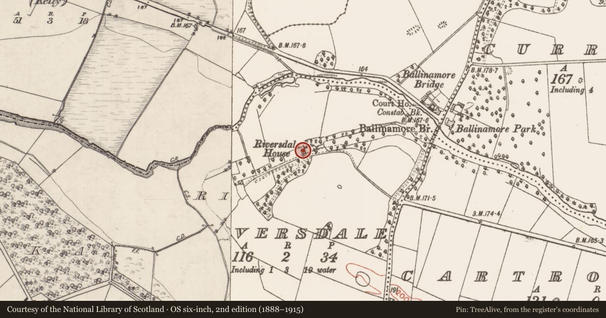 Ordnance Survey six-inch map, 2nd edition (1888–1915) covering the location of House - 18th/19th century, Riversdale, County Galway, with a pin at the register's coordinates